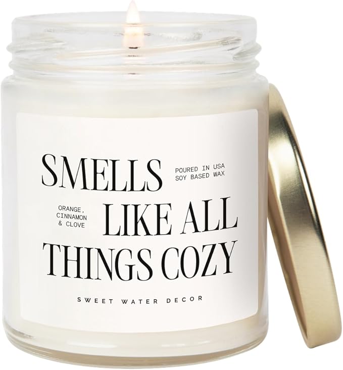 Sweet Water Decor Smells Like All Things Cozy Candle, Orange Cinnamon Ginger Clove Scent, 9oz Soy Candle with Gold Lid, Non-Toxic, Fall & Winter Christmas & Housewarming Gift, 40+ Burn Time