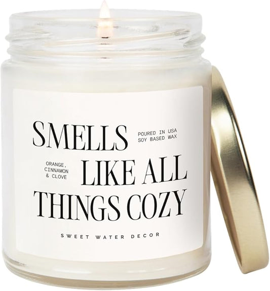 Sweet Water Decor Smells Like All Things Cozy Candle, Orange Cinnamon Ginger Clove Scent, 9oz Soy Candle with Gold Lid, Non-Toxic, Fall & Winter Christmas & Housewarming Gift, 40+ Burn Time