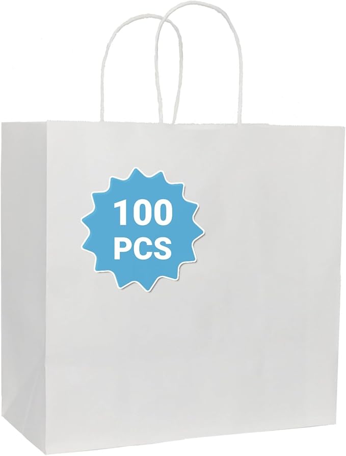 COGLARING 100Pcs White Gift Bags with Handles - 11x5.9x11 Inch Kraft Paper Bags Bulk for Weddings, Parties, Retail & Gift Wrapping - White Paper Bag