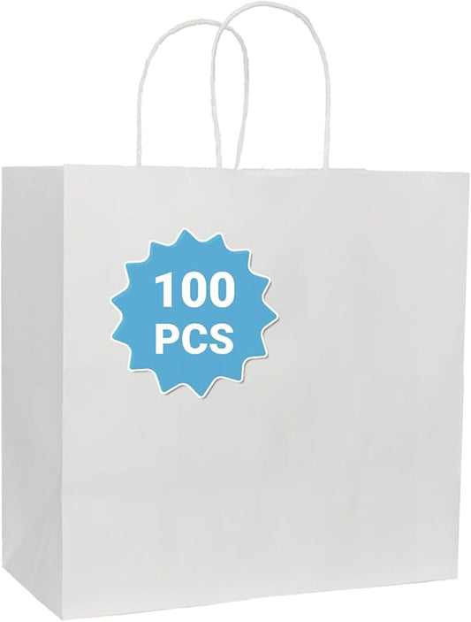COGLARING 100Pcs White Gift Bags with Handles - 11x5.9x11 Inch Kraft Paper Bags Bulk for Weddings, Parties, Retail & Gift Wrapping - White Paper Bag