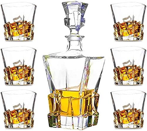 Whiskey Decanter Glasses Set Lead-Free Crystal Glass Scotch Tasting Cups Wine Bottle for Drinking Irish Whisky Bourbon Tequila tumbler (Ice cubes, 1 Decanter & 6 Glasses Set)