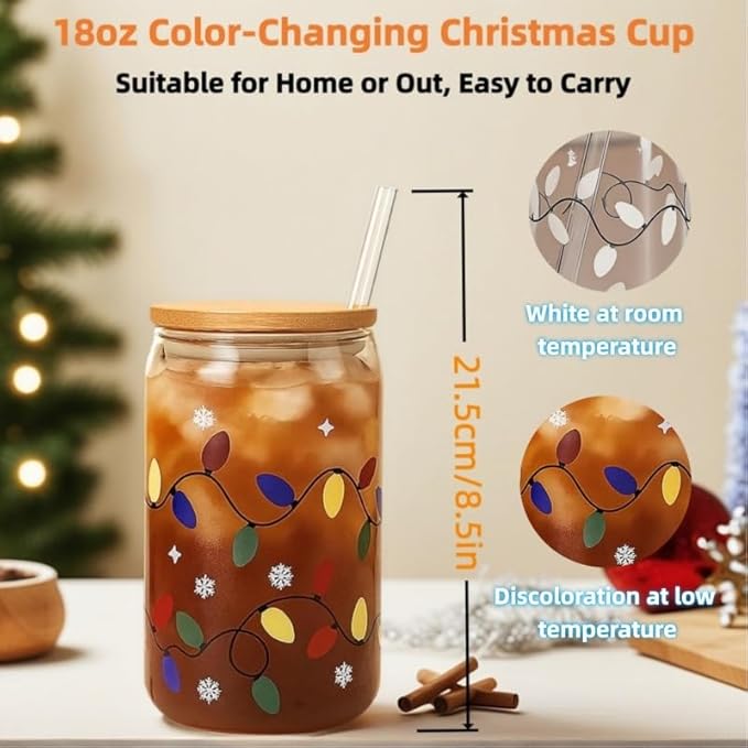 2026 Color Changing Christmas Cup,Color Changing Cups with Lids and Straws,18OZ Reusable Glass Lced Coffee Cups,Suitable for all Kinds of Cold Drinks,Surprises Christmas Gifts.