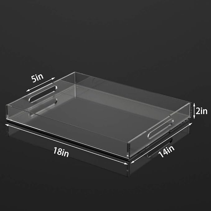 NIUBEE Acrylic Serving Tray 14x18 Inches -Spill Proof- Clear Decorative Tray Organiser for Ottoman Coffee Table Countertop with Handles