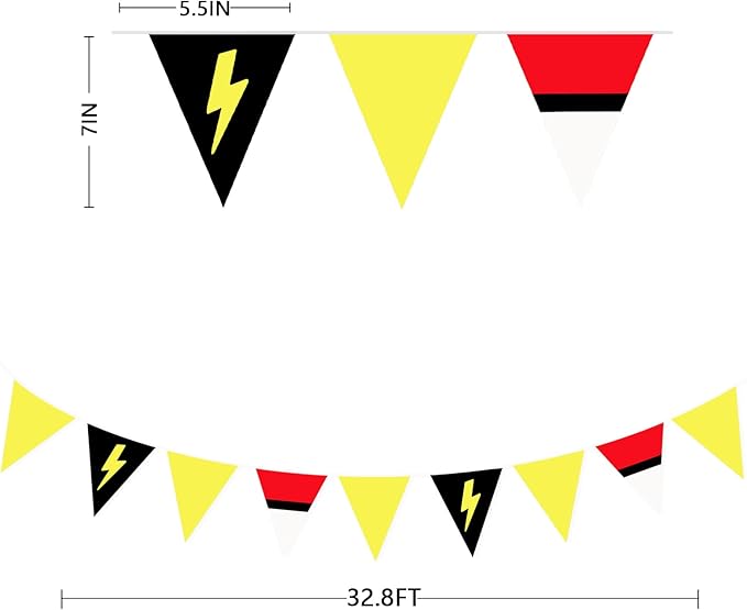 32Ft Cartoon Animation Party Decorations Red White Yellow Lightning Triangle Flag Fabric Banner Pennant Garland Streamer for Cartoon Birthday Animated Baby Shower Video Games Party Decor Supplies
