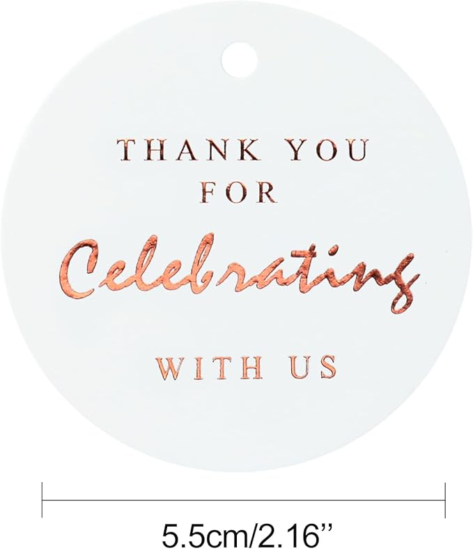 G2PLUS Thank You for Celebrating with Us Tags, 2.2 in Round Thank You Tag, White Paper Rose Gold Foil Gift Tags with String for Wedding, Party Favors