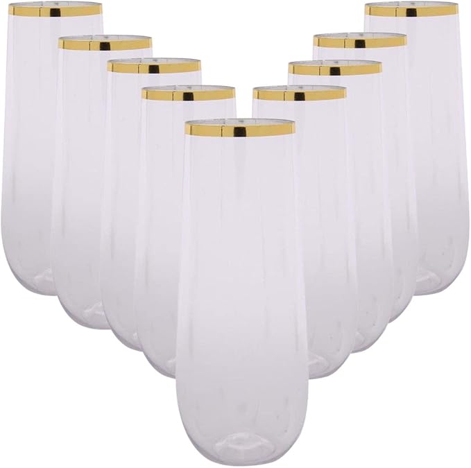 24 piece pack 9 oz Champagne Flutes Stemless Disposable cups Unbreakable Crystal Clear Plastic Mimosa Glasses Set of 24 ideal for Wedding Birthday (9 Ounce - Gold Rim)