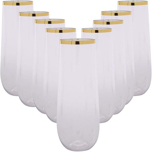 24 piece pack 9 oz Champagne Flutes Stemless Disposable cups Unbreakable Crystal Clear Plastic Mimosa Glasses Set of 24 ideal for Wedding Birthday (9 Ounce - Gold Rim)