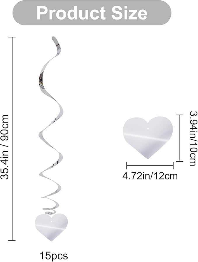 BEISHIDA Happy Valentine's Day Hanging Swirls Valentine's Decorations Silver Heart Hanging Ornament Wedding Anniversary Engagement Proposal Party Supplies Romantic Party Decorations Pack of 15