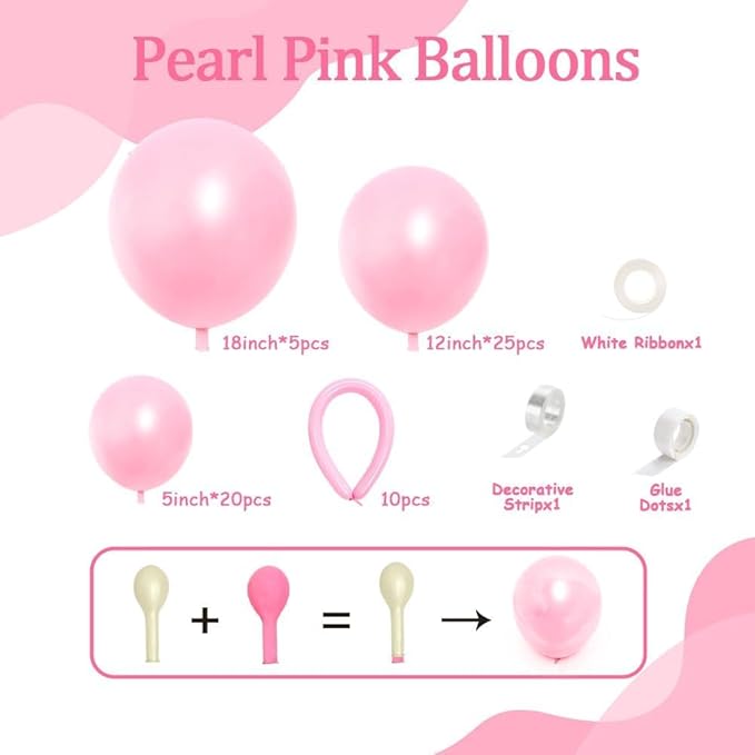 Pearl Pink Balloon Double Stuffed Pearl Balloons Garland Hot Baby Pink Arch Kit with Long Balloons Different Size for Birthday Wedding Girl Baby Shower Anniversary Decoration