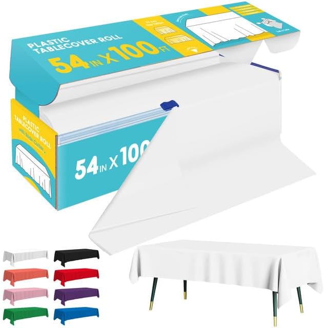 White Plastic Table Cover Roll - 54IN x 100FT, Table Cloth for Rectangle Table with Slide Cutter, Plastic Table Cloth Disposable with Cut-to-Size Design for Weddings, Banquets, Parties