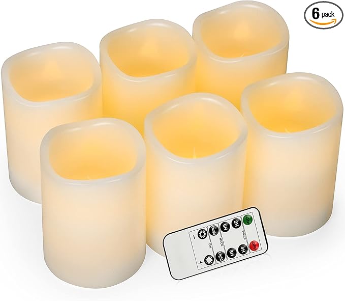 Flameless Candles Battery Operated Pillar Real Wax Flickering Electric LED Candle Gift Sets with Remote Control Cycling 24 Hours Timer, Pack of 6 (3" D x 4" H, Ivory)