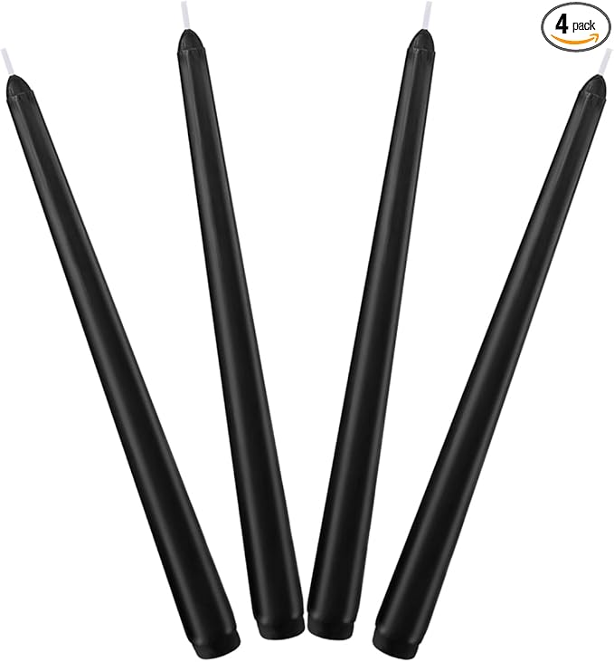 Set of 4 Black Taper Candles, Unscented Dripless 10 Inch Tall Candlesticks for Halloween Dinner Wedding Party Home Decor - 8 Hour Burn