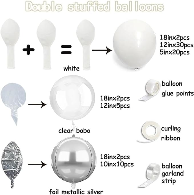 White Silver Balloon Garland Double Stuffed Clear Bobo White Pearl Balloon Arch Kit with Foil Balloons for Christmas New Year Birthday Wedding Baby Shower Anniversary Party Decorations