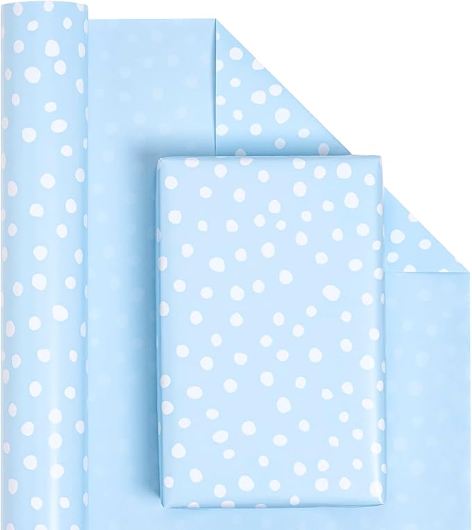 WRAPAHOLIC Reversible Wrapping Paper - Mini Roll - 30 Inch x 33 Feet - Light Blue and Delicate Polka Dot Wrapping Paper for Baby Shower, Birthday, Wedding, Holiday
