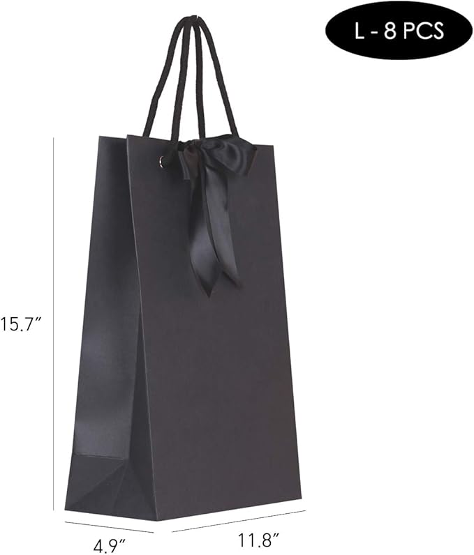 PAPERIST 8pcs 11.8x4.9x15.7” Elegance Black Gift Bag with Black Satin Bows Ribbon, Sturdy Durable Thick Gift Bag,Gift bag for Wedding, Christmas, Birthday Party, Bridal Shower, Baby Shower