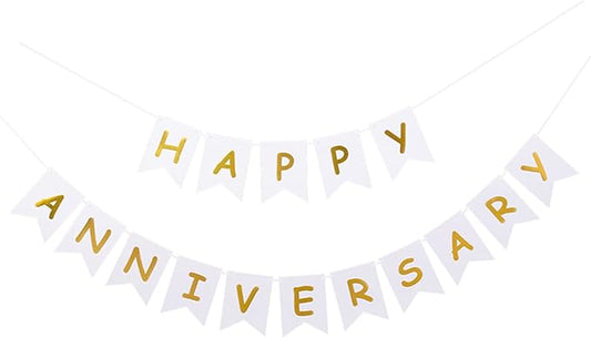 White Happy Anniversary Banner, Party Supplies for Wedding Birthday Party Ceremony Decoration