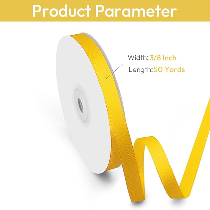 3/8" Width x 50 Yards Satin Fabric Ribbon, Yellow Ribbon Perfect for DIY Bows, Swags, Gift Wrapping, Craft, Flower Bouquet，Christmas and Party Decoration