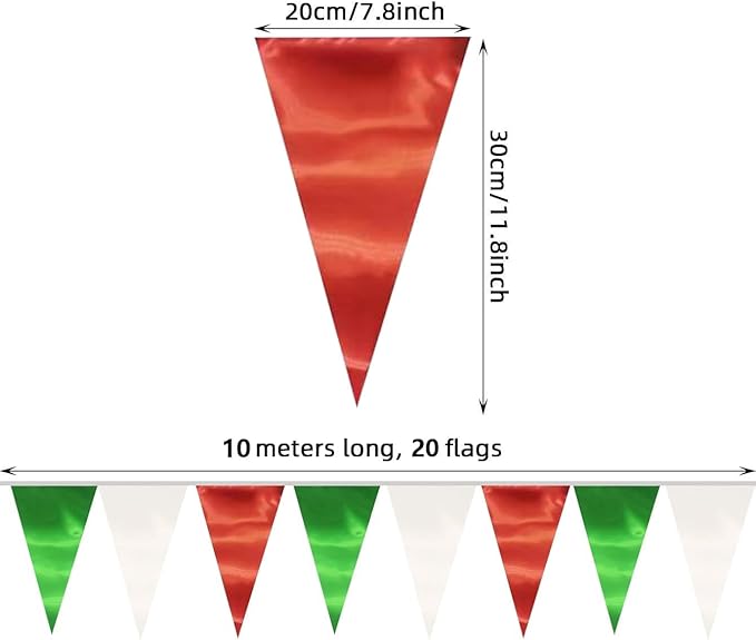 40M/130FT White Green Red Triangle Pennant Banner Flag Metallic Fabric Bunting Garland for Christmas Italy Mexican Birthday Baby Shower Wedding Banners,New Years Winter Decor Ouruola