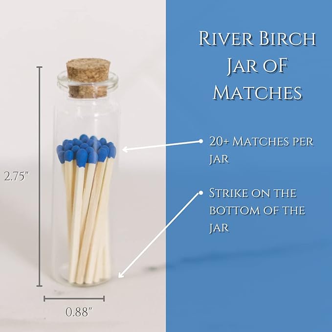 River Birch Decorative Matches in a Bottle with Striker - Cute & Colored - 3 Bottles, Royal Blue Tip, 60 Matches