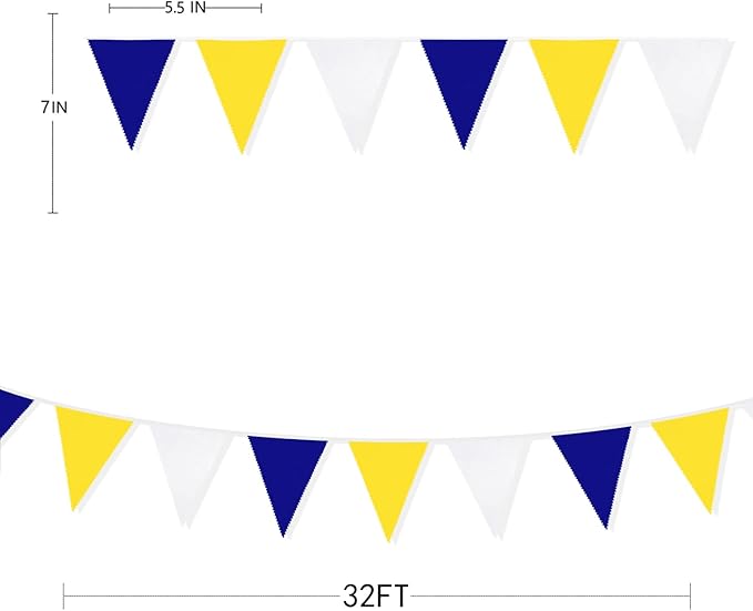 32Ft Blue Yellow White Triangle Flag Pennant Banner Bunting Fabric Garland for Wedding Birthday Ahoy Achor Nautical Pirate Bridal Baby Shower Under The Sea Party Festivals Decoration