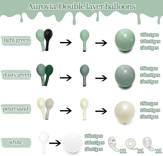 Green White Balloon Garland Double Stuffed Dusty Sage Green White Sand Pearl Balloons Pastel Neutral Balloon Arch Kit for Baby Shower Birthday Wedding Christmas Party Decorations