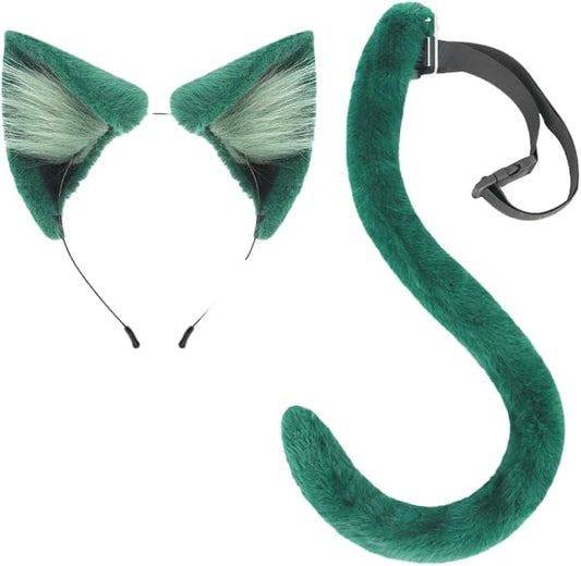 QinRuan Animal Cosplay Costume Accessories Furry Faux Fur Cat Ears Headband and Fox Tail Set Halloween Accessory