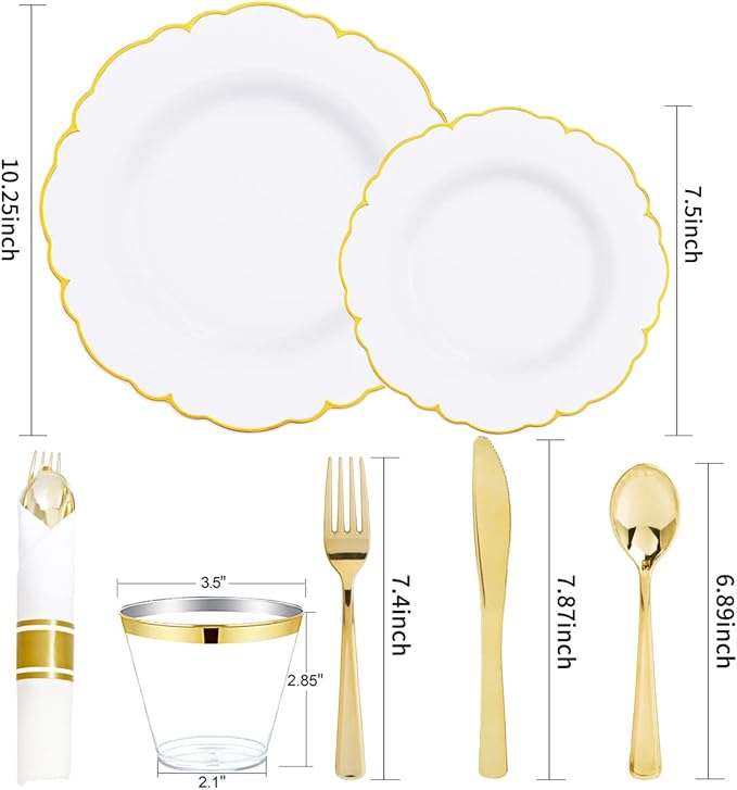 Morejoy 175PCS Gold Plastic Plates，White Gold Disposable Plates with Pre Rolled Napkins:25 Dinner Plates,25 Dessert Plates,25 Spoons,25 Forks,25Knives,25Cups,25Napkins for Party & Father's Day