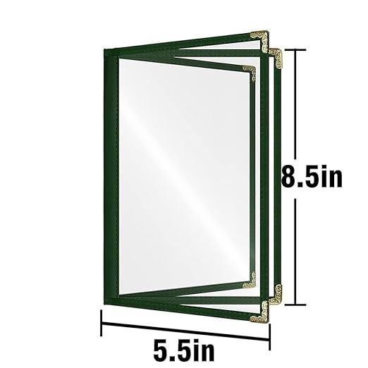 Goodsmart Restaurant Menu Covers – 25 Pack Green 6-View Booklet 5.5" x 8.5", Side-Loading Vinyl & Plastic Menu Holders, Clear Menu Sleeves, Leather-Style Café Covers with Gold Corners