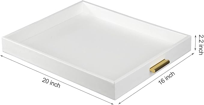 HofferRuffer Extra Large Serving Tray with Handles, Elegant Faux Leather Storage Decorative Tray for Coffee Table, Ottoman, Console Table (White Tray+Golden Handle)
