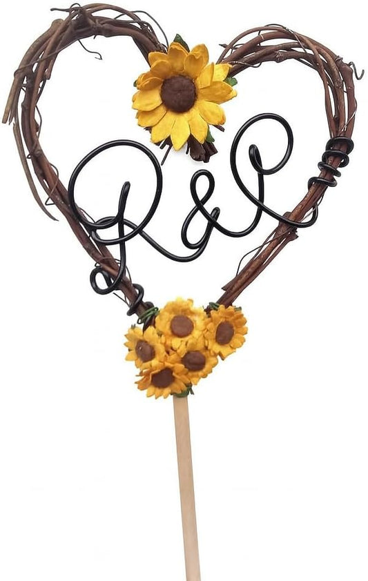 Sunflower Vine Cake Topper Personalized for Couple – Rustic Custom Keepsake for Wedding, Engagement, Bridal Shower, Anniversary, Party Decoration