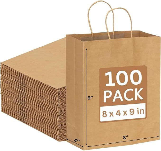 JET PAPER BAGS - 8”x4”x9” Inch [100 Pcs] Brown Paper Bags with Handles Prime for Takeout, Grocery, Goody, Retail, Party, Gifts, Weddings - Recyclable Kraft Paper Gift Bags with Handles