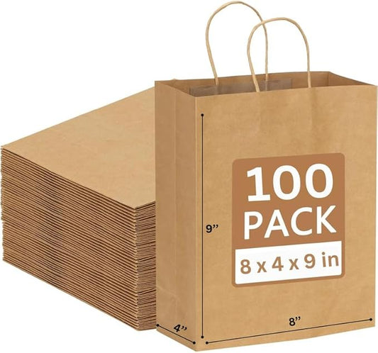 JET PAPER BAGS - 8”x4”x9” Inch [100 Pcs] Brown Paper Bags with Handles Prime for Takeout, Grocery, Goody, Retail, Party, Gifts, Weddings - Recyclable Kraft Paper Gift Bags with Handles