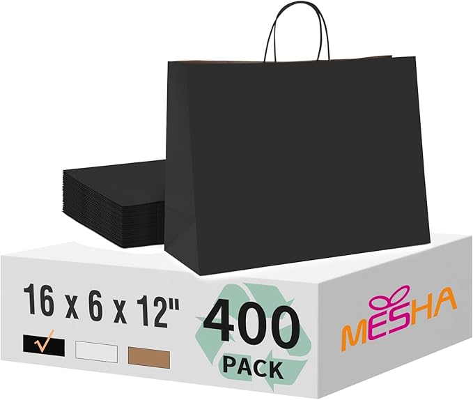MESHA Gift Paper Bags 400 PACK 16x6x12 Inch Black Large Shopping Kraft Bags Bulk with Handles Reusable for Business,Grocery,Birthday,Wedding,Kids Party,Favors