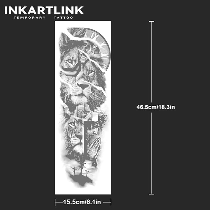 INKARTLINK Semi Permanent Tattoo, 2 Pieces Full Arm Large Size Art Party Tattoos, Comes with a Pair of Anti-Transfer Sleeves, Lasts 7-15 Days, Waterproof and Anti-Reflective (Lion, Jesus)