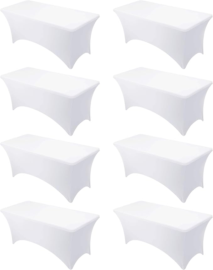 8-Pack Premium White Spandex Tablecloths for 6ft Rectangle Tables, Stain & Wrinkle-Resistant, Washable Stretch Polyester Fitted Table Cover for Weddings, Banquets, Trade Shows Events