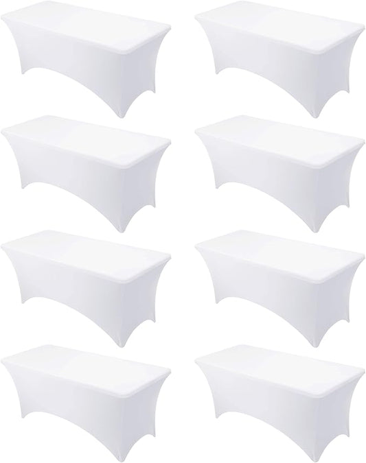 8-Pack Premium White Spandex Tablecloths for 6ft Rectangle Tables, Stain & Wrinkle-Resistant, Washable Stretch Polyester Fitted Table Cover for Weddings, Banquets, Trade Shows Events