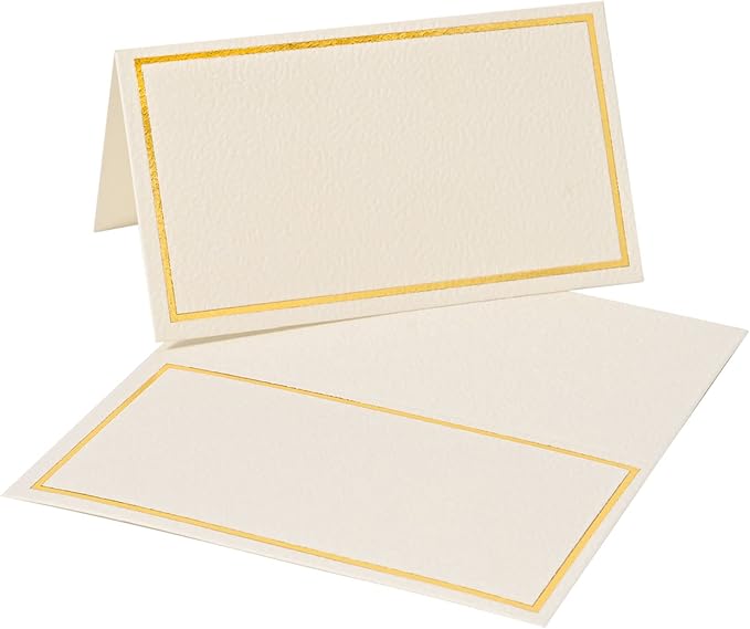 100 Pack Place Cards for Table Setting with Gold Foil Border Table Tent Cards for Seating Perfect for Weddings, Dinner Parties, Banquets 2” x 3.5”