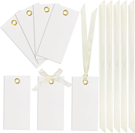 25 Pcs Name Place Cards Blank Seat Card, 2 x 4 in Table Cards with Stain Ribbon, Wedding Place Card, Hanging Tags for Wedding table Setting Reserved Chairs Signs Dinner Banquet Parties.(Beige)