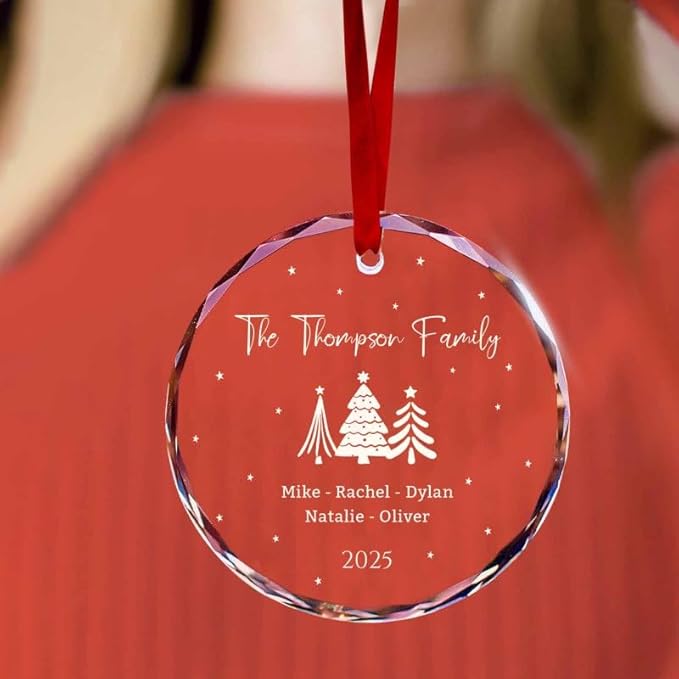 Personalized Round Christmas Crystal Glass Ornaments Custom 2025 Name Ornament for Tree Decor Customized First Christmas Tree Hanging Gifts for Family Friends