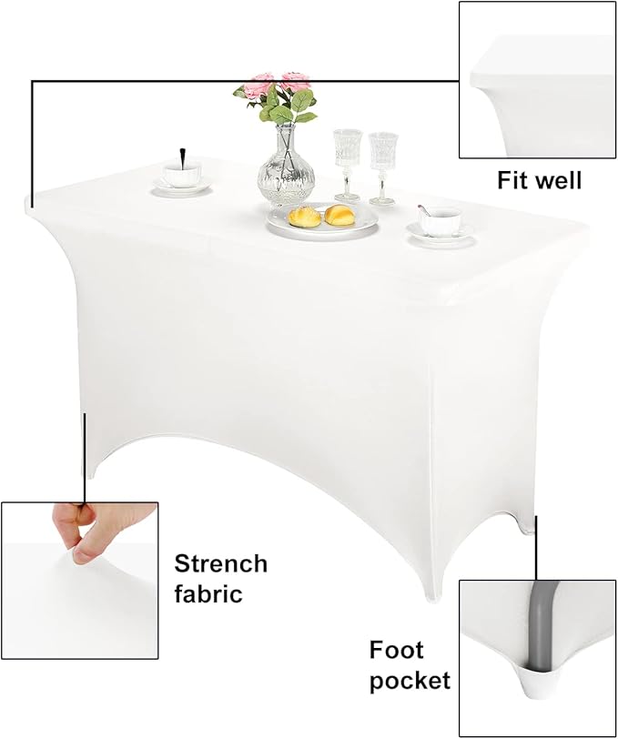 FORLIFE Fitted Spandex Table Cover - 4ft Rectangular, Stretch Patio Table Cover for Wedding, Banquet, Party (White)
