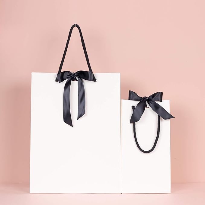 PAPERIST 8pcs Elegance White Gift Bag with Black Satin Bows Ribbon, Sturdy Durable Thick Gift Bag, Gift bag for Wedding, Christmas, Birthday Party, Bridal Shower, Baby Shower