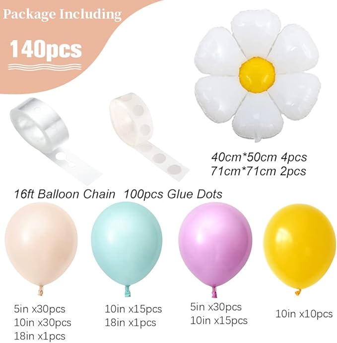 Beliueyes 140Pcs Balloon Garland Arch Kit, Daisy Macaron Purple Green Nude Yellow Party Decorations for Boho Two Groovy Birthday Baby Shower Flower Decor