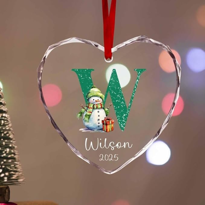 Personalized Heart Christmas Crystal Glass Ornaments Custom 2025 Name Ornament for Christmas Tree Decorations Customized Smowman Tree Hanging Gifts for Family Boys Girls