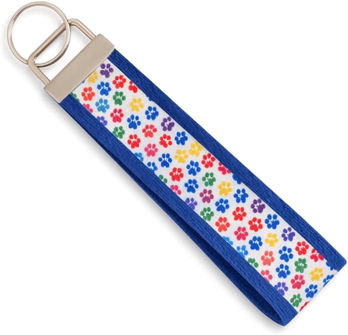 Dog Paw Print Wristlet Keychain – Colorful Fabric Hand Strap with Metal Ring for Keys, ID Cards, and Small Accessories
