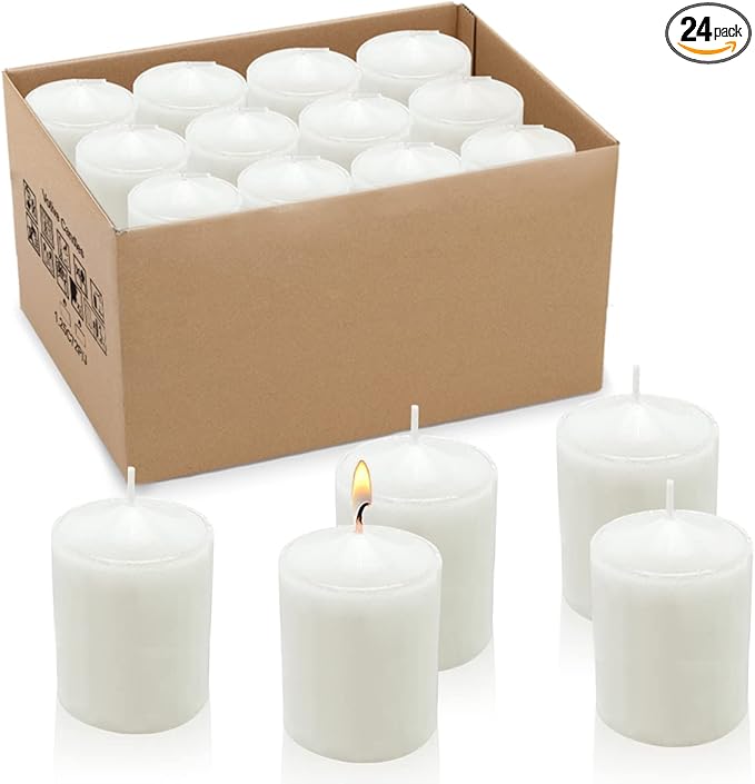 2.0 Inch White Votive Candles, Unscented Wax 12 Hour 1.5'' Diameter Candles for Wedding, Party & Home, 24 Packs