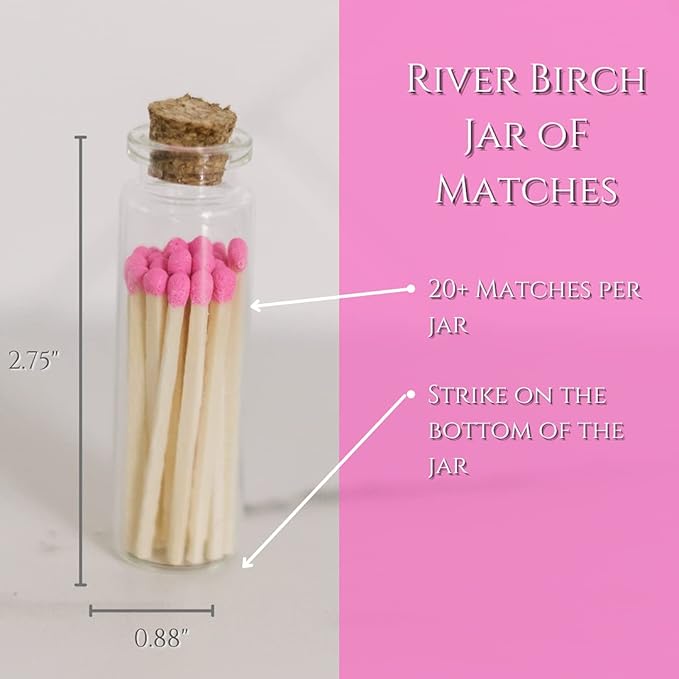 River Birch Decorative Matches in Bottle with Striker - Cute & Colored - 3 Bottles, Magenta Pink Tips, 60 Matches
