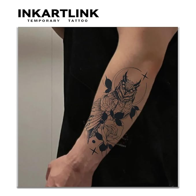 INKARTLINK Tattoo Tech,2 Sheets Extra-Large Semi Permanent Tattoo,Adult Art Design Temporary Tattoos, Lasts 1-2 Weeks, Waterproof, Realistic look, No Adhesive, No reflection (Owl Design）