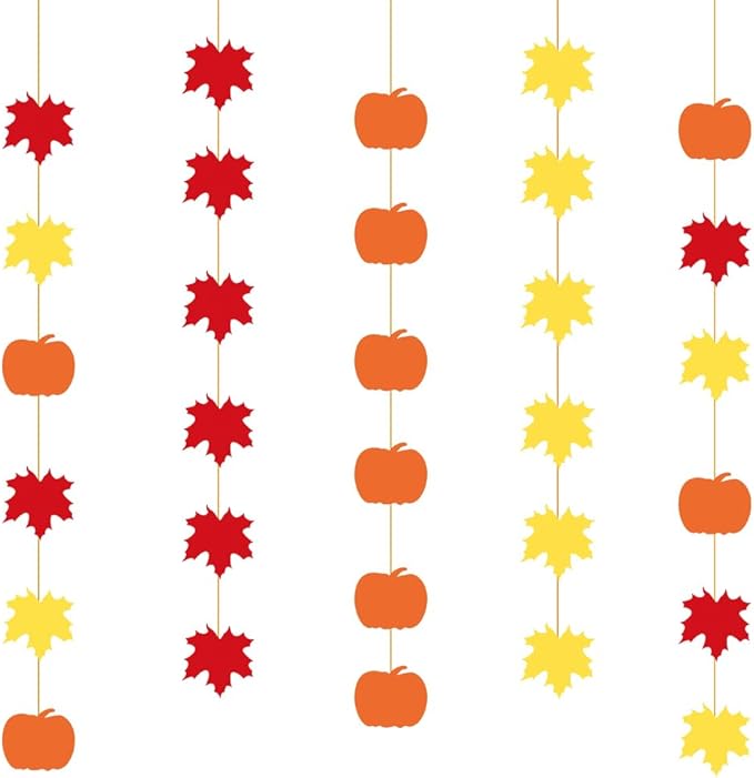 Fall-Autumn Leaves-Pumpkin Party-Decorations Streamers Garland - 5pcs Orange Baby Shower Birthday Maple Leaf Hanging Paper Banner,Harvest Friendsgiving Room Decor Banners Lasting Surprise