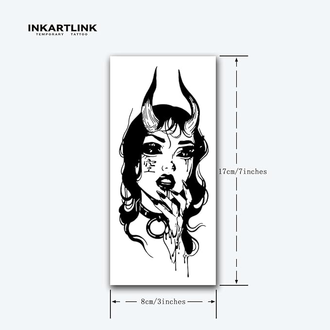 INKARTLINK Tattoo Tech, 2 Sheets Large Semi Permanent Tattoo, Adult Art Design Temporary Tattoos, Lasts 1-2 Weeks, Waterproof, Realistic Look, No Adhesive, No Reflection (Enchanting Demoness Design)