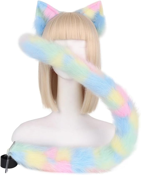 QinRuan Animal Cosplay Costume Accessories Furry Faux Fur Cat Ears Headband and Fox Tail Set Halloween Accessory